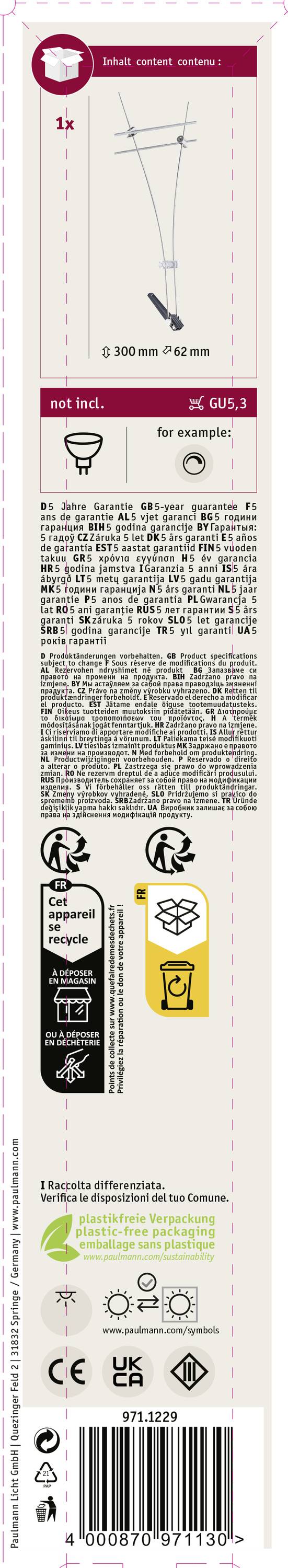Tył opakowania żarówki LED. Przedstawia cechy produktu, takie jak napięcie i efektywność energetyczna, ostrzeżenia oraz informacje dotyczące recyklingu.