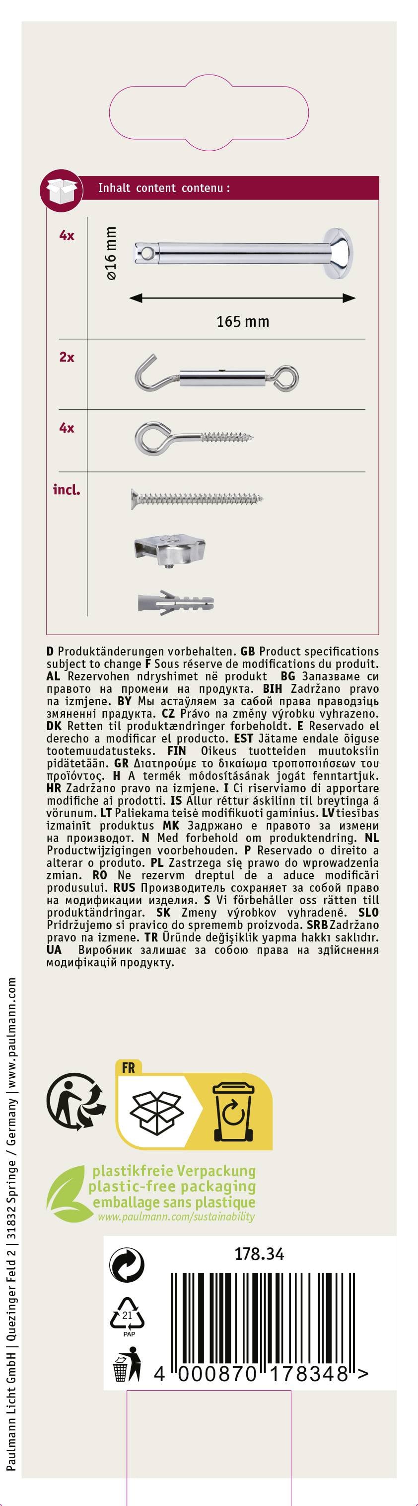 Opakowanie z zestawem śrub: Zawiera cztery różne rodzaje śrub, odpowiednie do różnych zastosowań, długość 165 mm.