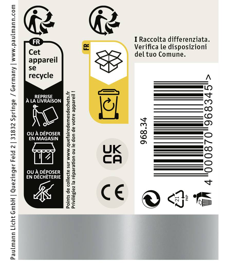 Etykieta z symbolami recyklingu. Instrukcje dotyczące zwrotu i utylizacji urządzeń. Tekst w języku francuskim i włoskim. Kod kreskowy po prawej stronie.