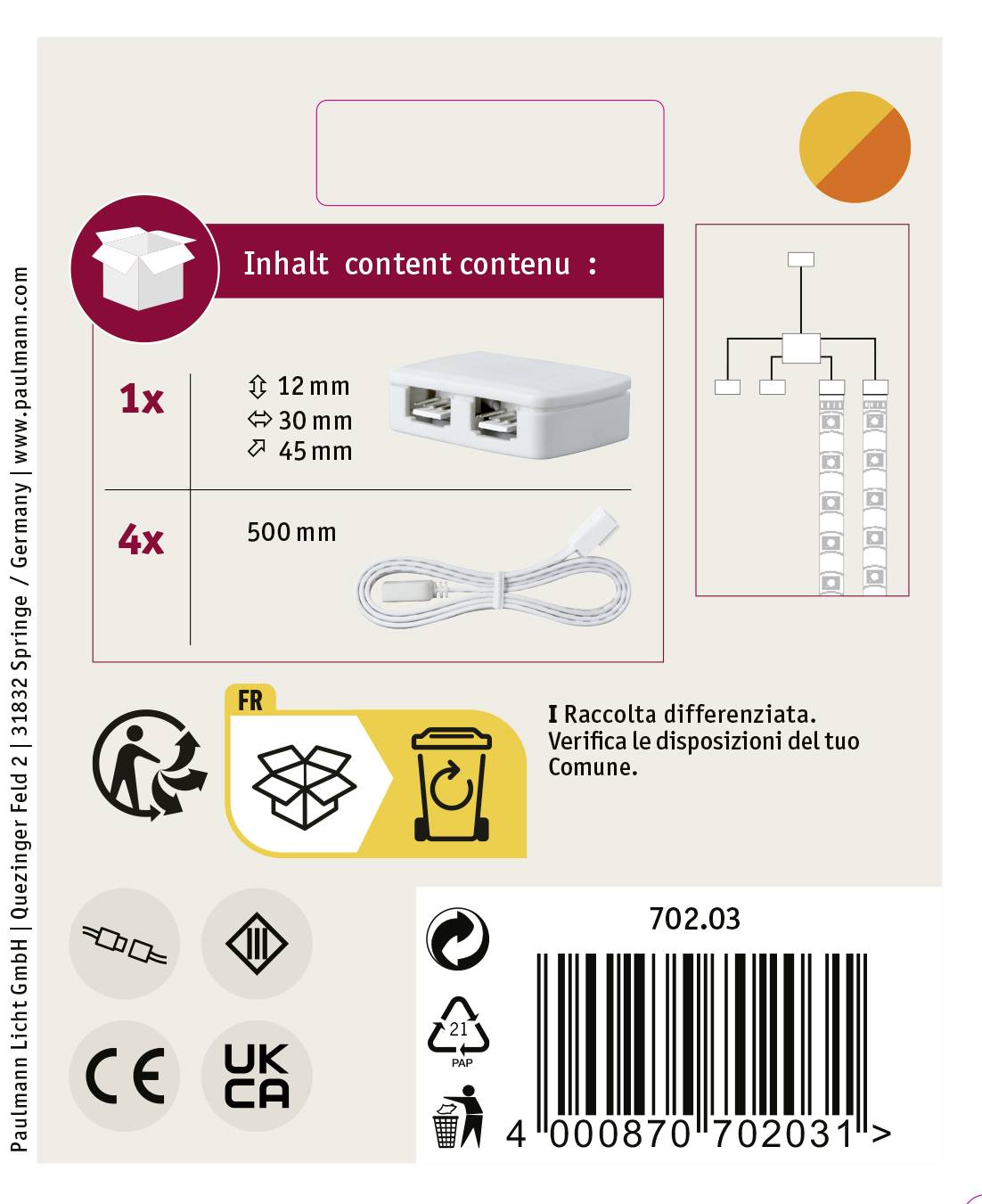 Zawartość: 1x przejściówka rozgałęziająca z dwiema gniazdami RJ11, 4x kable (500 mm). Symbol recyklingu, informacje o produkcie i kodzie kreskowym są widoczne.
