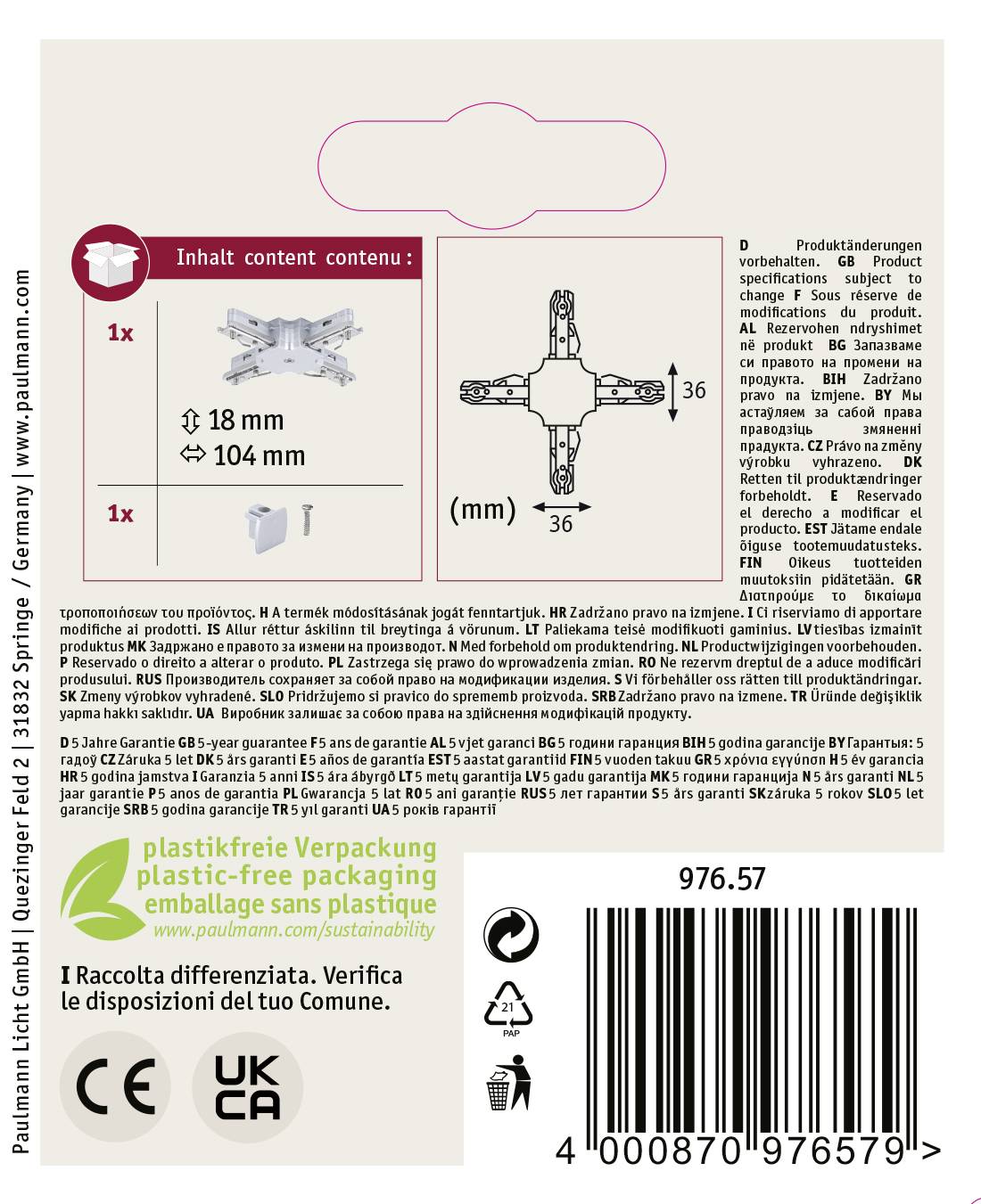 Opakowanie przedstawia przegląd produktu z wymiarami (18 mm i 104 mm) elementu elektrycznego. Zawiera wskazówki dotyczące możliwości recyklingu oraz informacje o producencie.