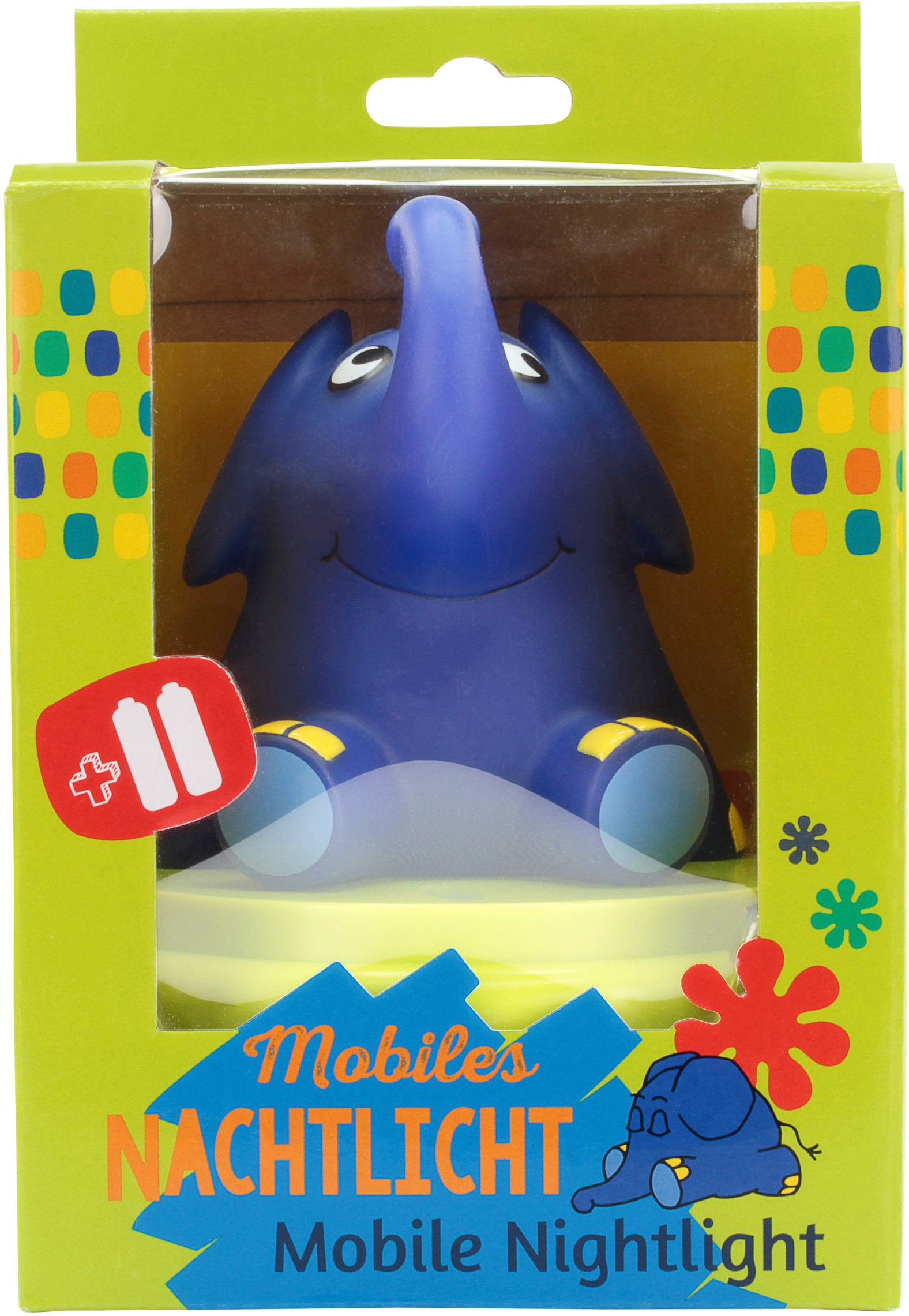 Lampka nocna w kształcie słonia, zapakowana w zielone pudełko z kolorowym wzorem. Tekst: Przenośna lampka nocna.