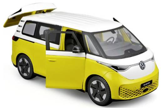 Żółto-biały volkswagen bus z otwartymi drzwiami i otwartym bagażnikiem. Model pojazdu jest utrzymany w stylistyce retro-modern.