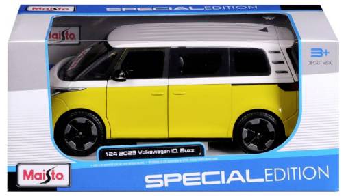 Model zabawkowy żółto-białego Volkswagena ID. Buzz w opakowaniu z napisem 'Edycja Specjalna'.
