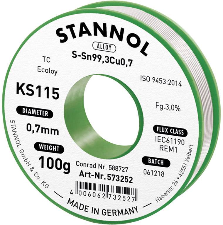 Котушка для безсвинцевого припою Stannol KS115 Sn99.3Cu0.7 ROM1 100 г 0.7 мм