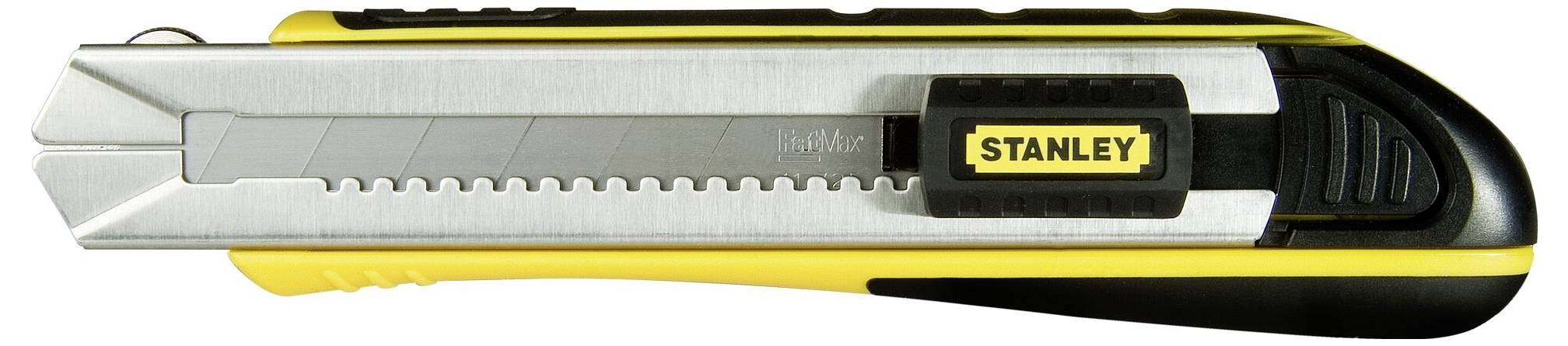 Żółty i czarny nóż składany Stanley z wysuwanym ostrzem i ryflowaną powierzchnią rękojeści.