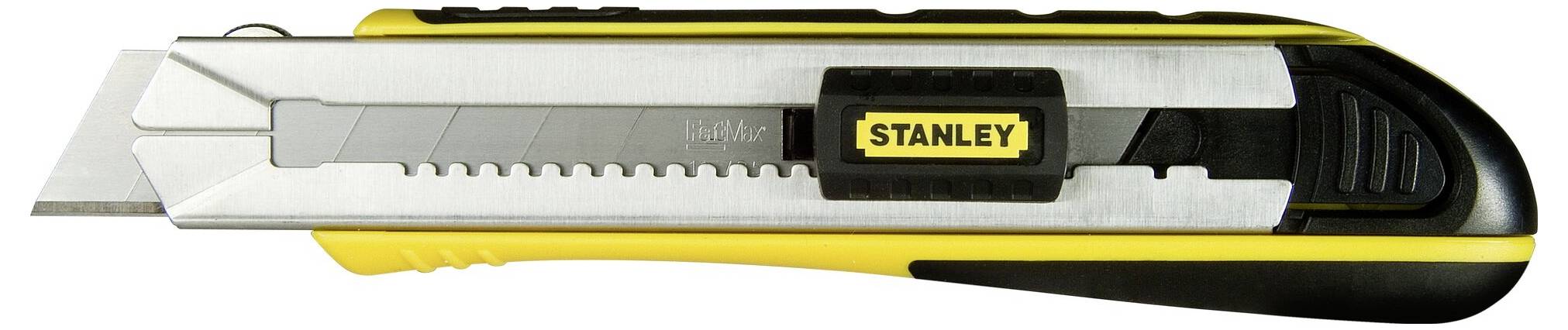 Żółty i czarny nóż do tapet z wysuwanym ostrzem, z widoczną nazwą marki 'Stanley' z boku. Nadaje się do cięcia kartonu.