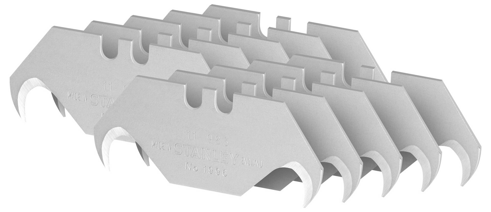 Osiem srebrnych ostrzy trapezowych z haczykowatymi zakończeniami, ułożonych w przesuniętej formacji. Wydają się być przeznaczone do prac tnących.