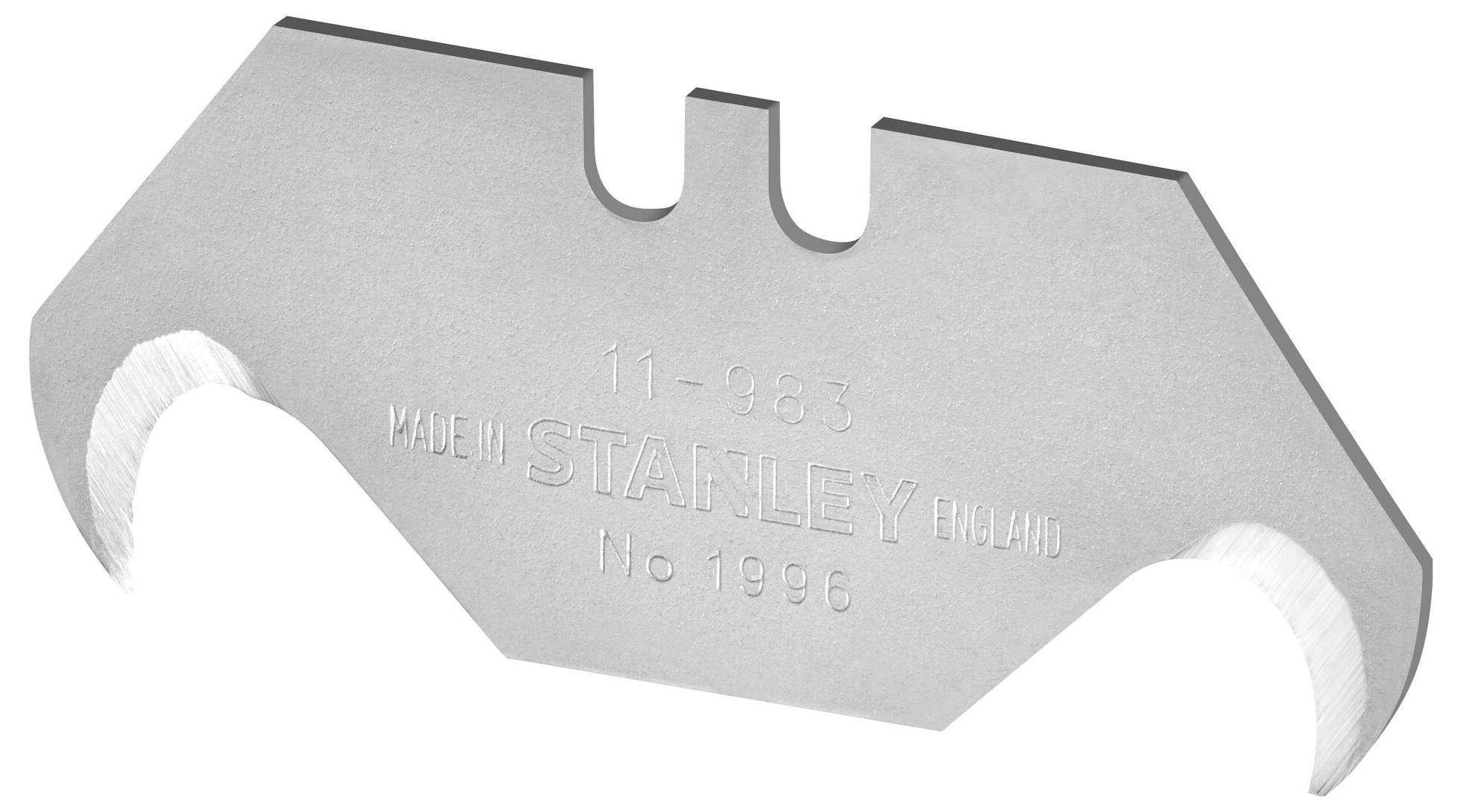 Dwustronna metalowa forma ostrza z napisem 'Stanley No. 1996', przeznaczona do cięcia przemysłowego.