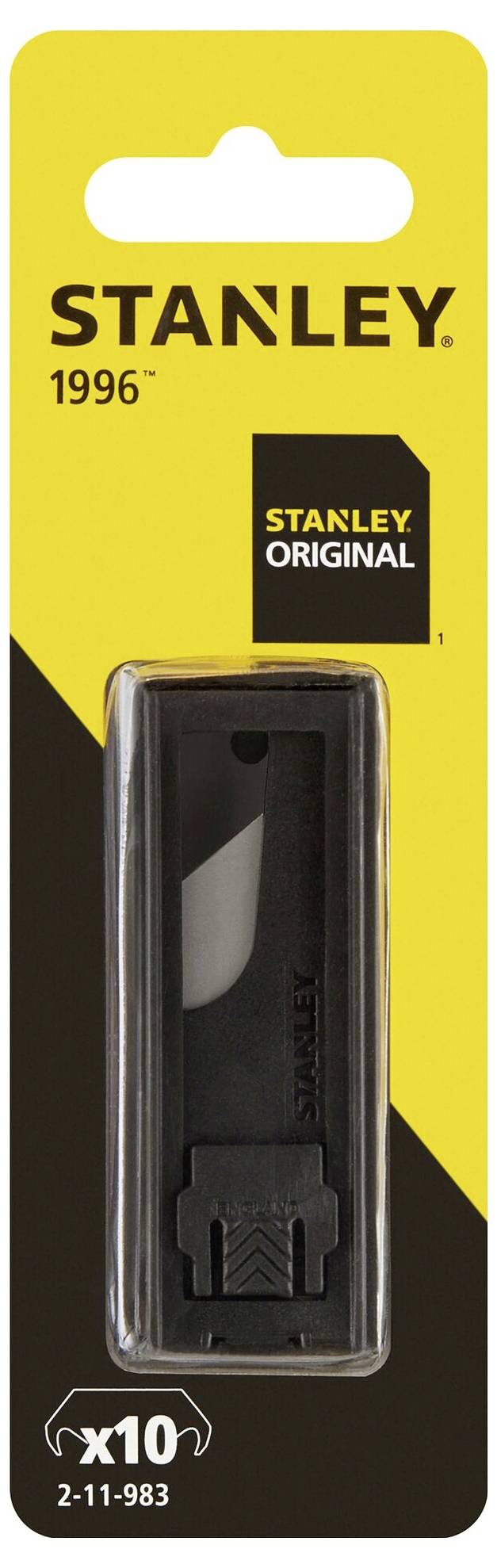 Opakowanie zawierające dziesięć oryginalnych ostrzy wymiennych Stanley do noża, w żółto-czarnym opakowaniu blistrowym z nazwą marki i numerem modelu.
