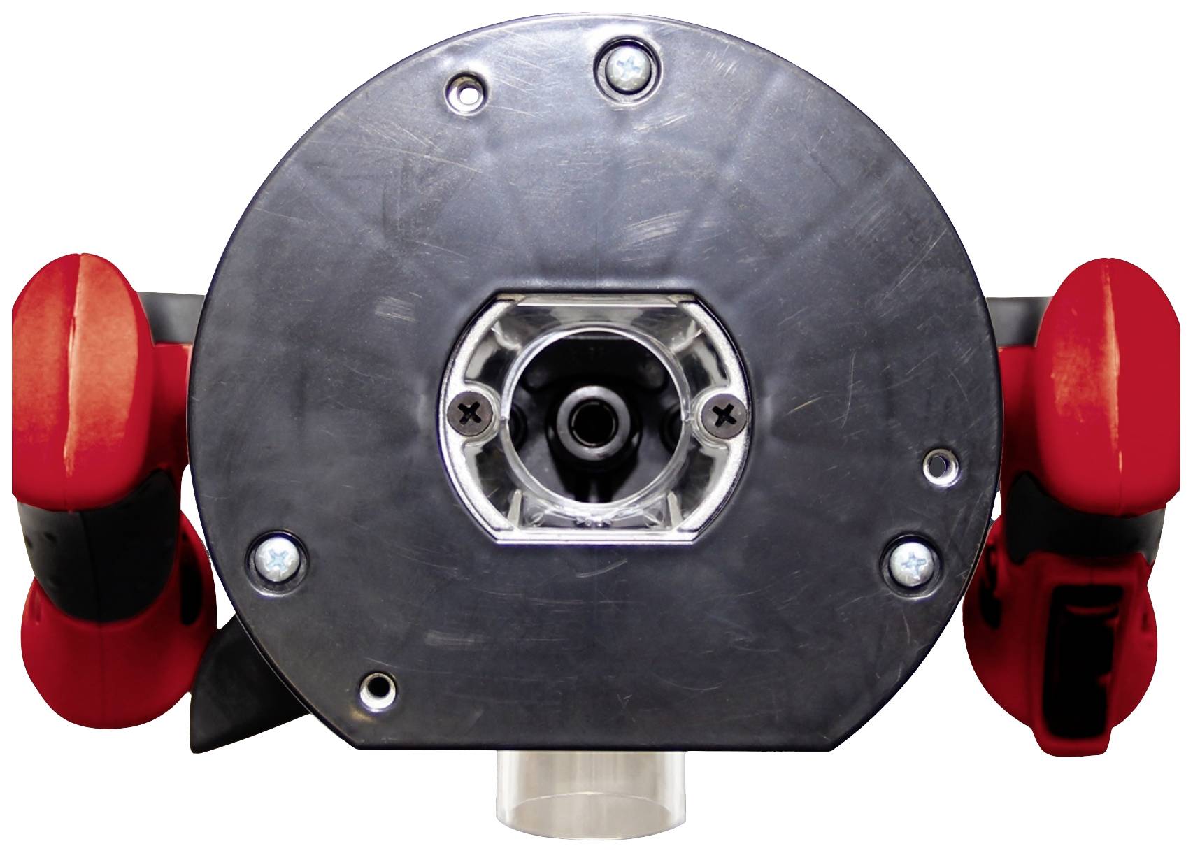 Metalowe narzędzie z czerwonym uchwytem, centralna mechanika w centrum uwagi. Widoczna komora baterii i elementy sterujące.