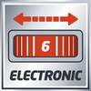 Szary kwadrat z czerwoną skalą pośrodku wskazuje wartość '6'. Na górze strzałka podwójna, na dole napis 'ELECTRONIC'.