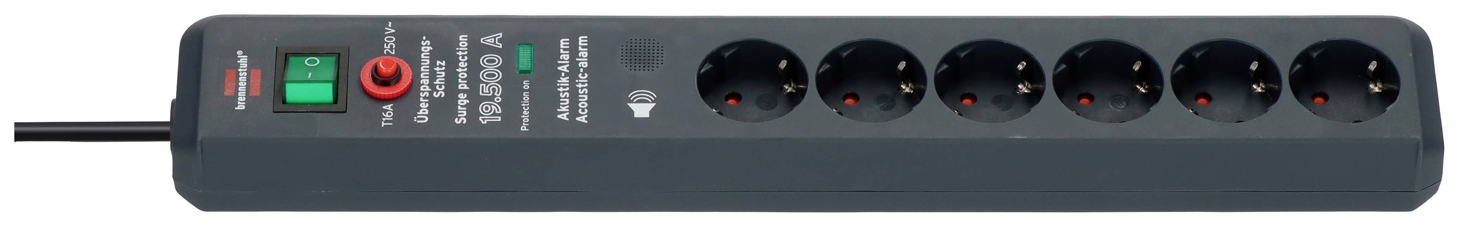 Listwa zasilająca z ośmioma gniazdkami Schuko, podświetlanym włącznikiem/wyłącznikiem oraz ochroną przeciwprzepięciową, w czarnej obudowie.
