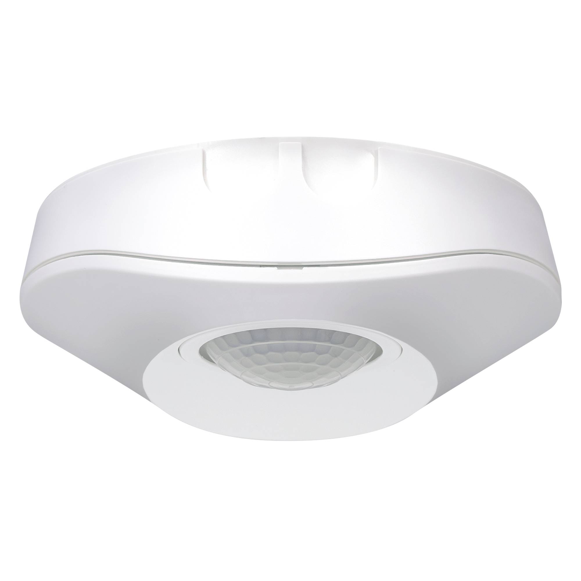 Biały lampa sufitowa z czujnikiem ruchu z okrągłym detektorem PIR w centrum i gładką owalną obudową.