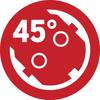 Czerwony symbol z białą cyfrą '45°' pośrodku, otoczony trzema białymi kołami.
