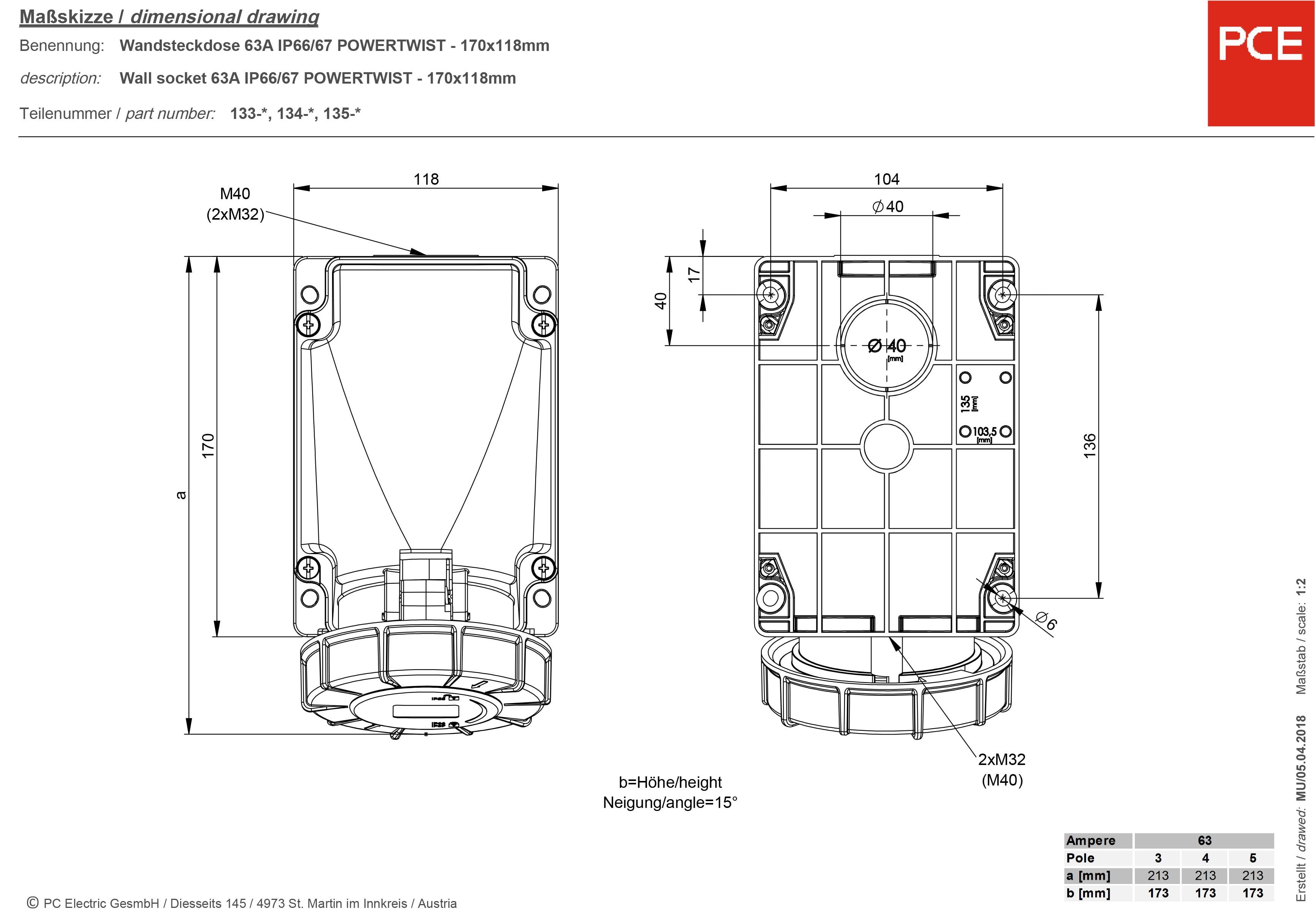 Розетка PCE 135-6, 400 В, 63 А, IP67