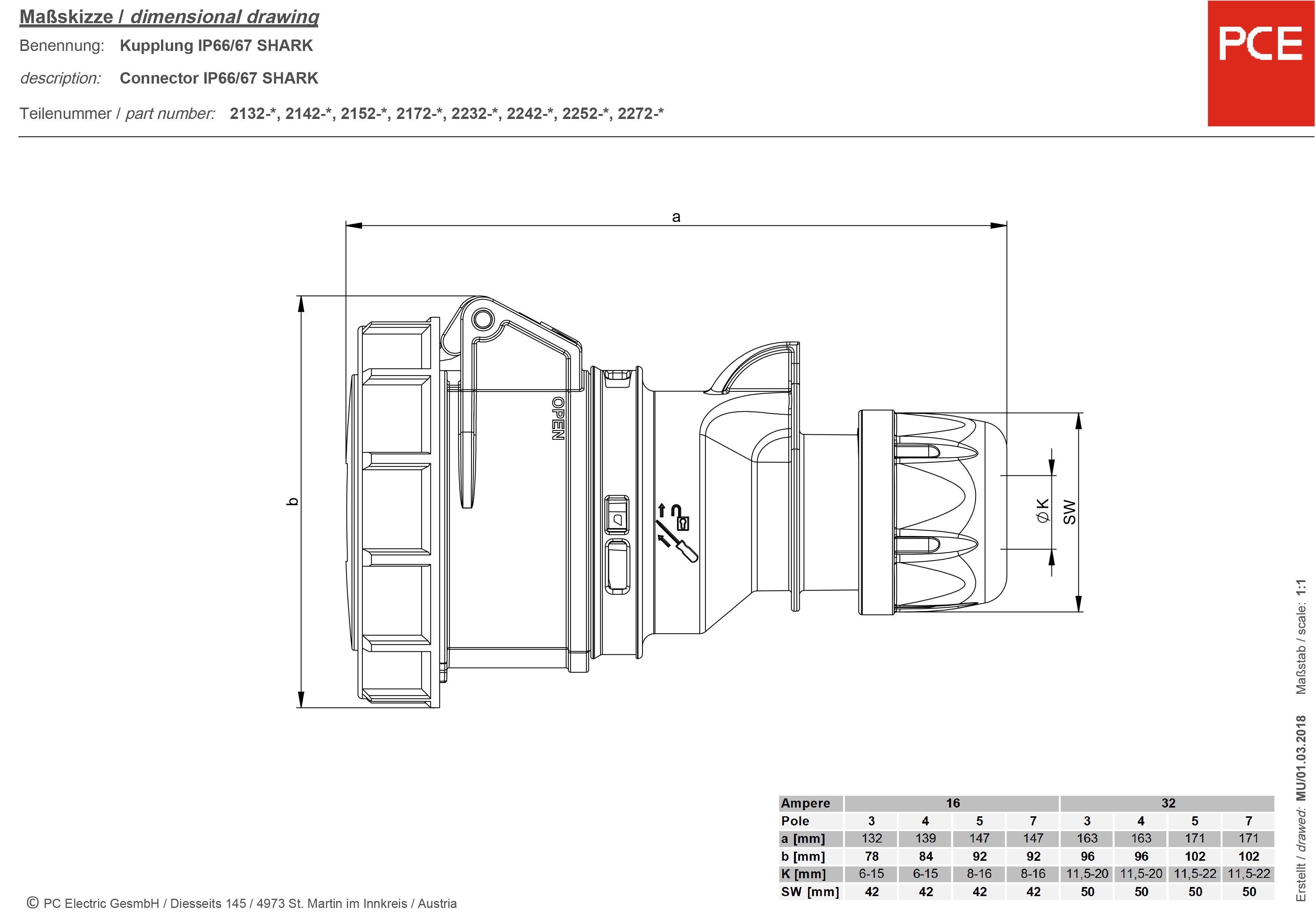 Розетка PCE 225-6ttx, 400 В, 32 А, IP44