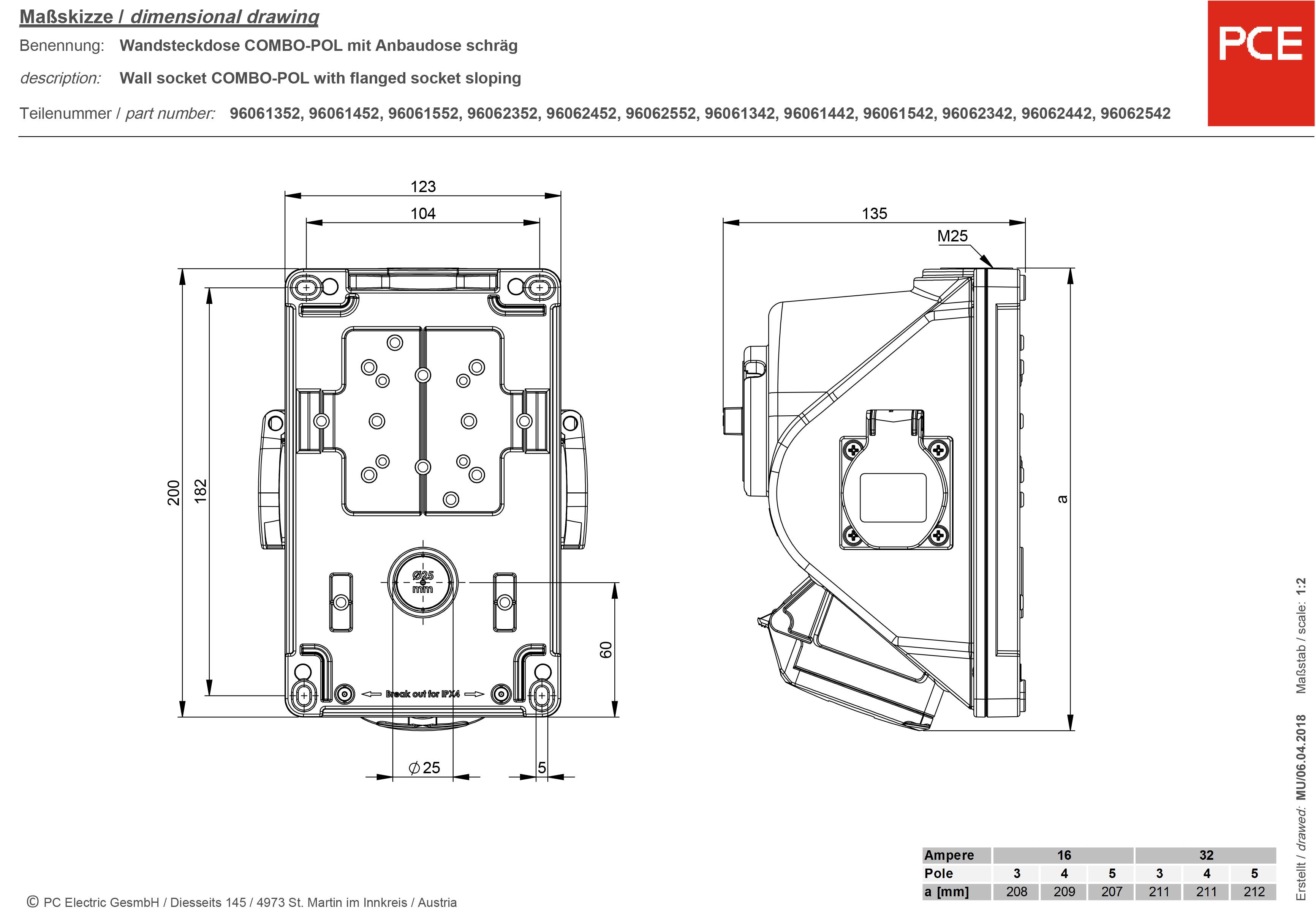 Розетка PCE 96062552 з вимикачем, 400 В, 32 А, IP44