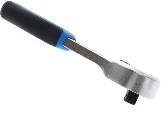 Grzechotka z czarną i niebieską metalową rączką; służy do dokręcania lub poluzowywania nakrętek.