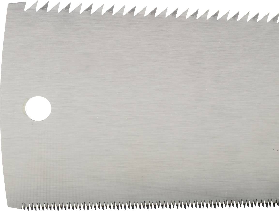 Metalowy skrobak z ząbkowaną krawędzią i okrągłym otworem po lewej stronie, używany do usuwania farby lub kleju z powierzchni.