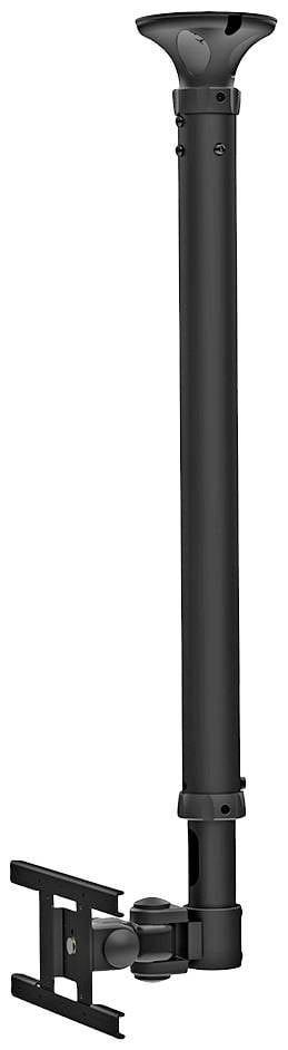 Czarna, regulowana lampa sufitowa do projektora, wyposażona w teleskopowe ramię do regulacji wysokości oraz głowicę montażową u dołu.