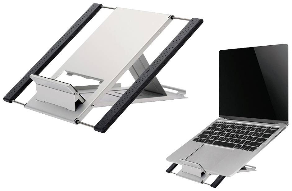 Stojak na laptopa z metalu z czarnymi paskami gumowymi, regulowany do różnych rozmiarów laptopów. Laptop umieszczony na stojaku.