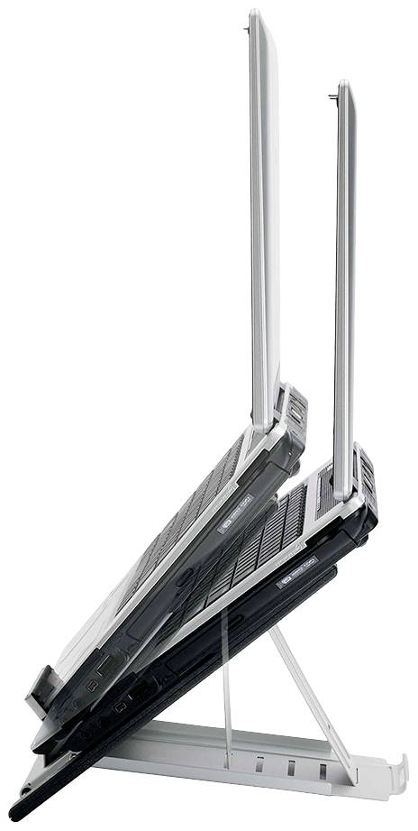 Dwa rozłożone laptopy w widoku bocznym, ukazujące różne kąty nachylenia i rozmiary. Oba stoją na podstawce.