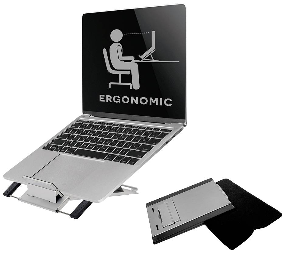 Laptop na ergonomicznym stojaku. Na ekranie grafika przedstawiająca siedzącą osobę przed komputerem, pod nią napis 'Ergonomic'.
