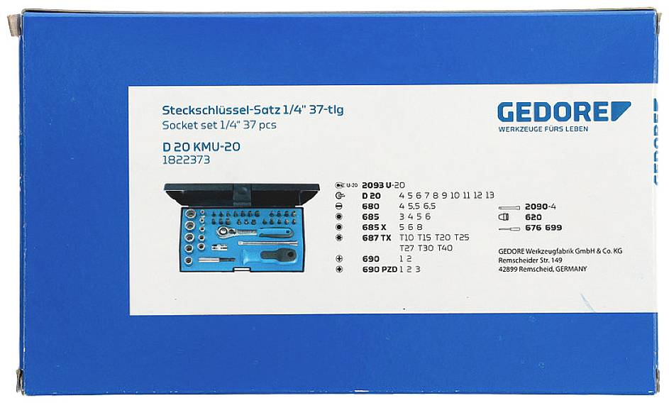 Niebieski karton z napisem 'Zestaw kluczy nasadowych 1/4" 37-częściowy'. Przedstawia zdjęcie zestawu kluczy nasadowych składającego się z 37 elementów.