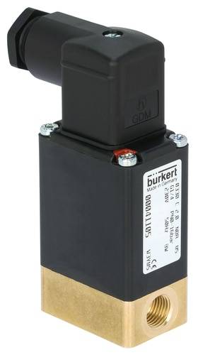 Miniaturowy zawór elektromagnetyczny firmy Bürkert w kolorze czarnym i mosiężnym, o prostokątnym kształcie, przeznaczony do precyzyjnego sterowania przepływem cieczy i gazów.