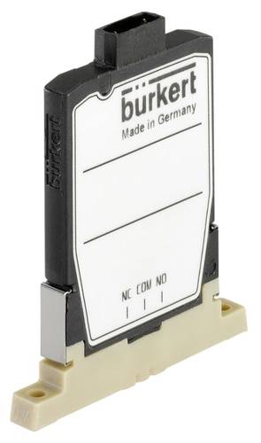Czarno-białowy element elektryczny firmy Bürkert, 'Made in Germany'. Posiada złącza wtykowe i jest zamontowany na kremowym cokole.