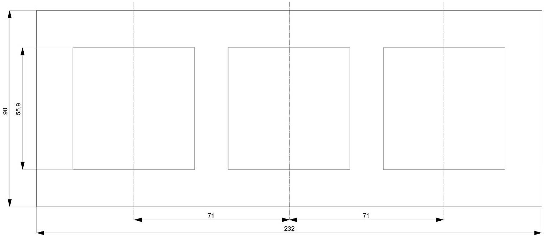 Techniczny diagram przedstawia trzy kwadratowe kształty ułożone w linii. Wymiary: wysokość 50,9, odległość między kwadratami 71, całkowita długość 232.
