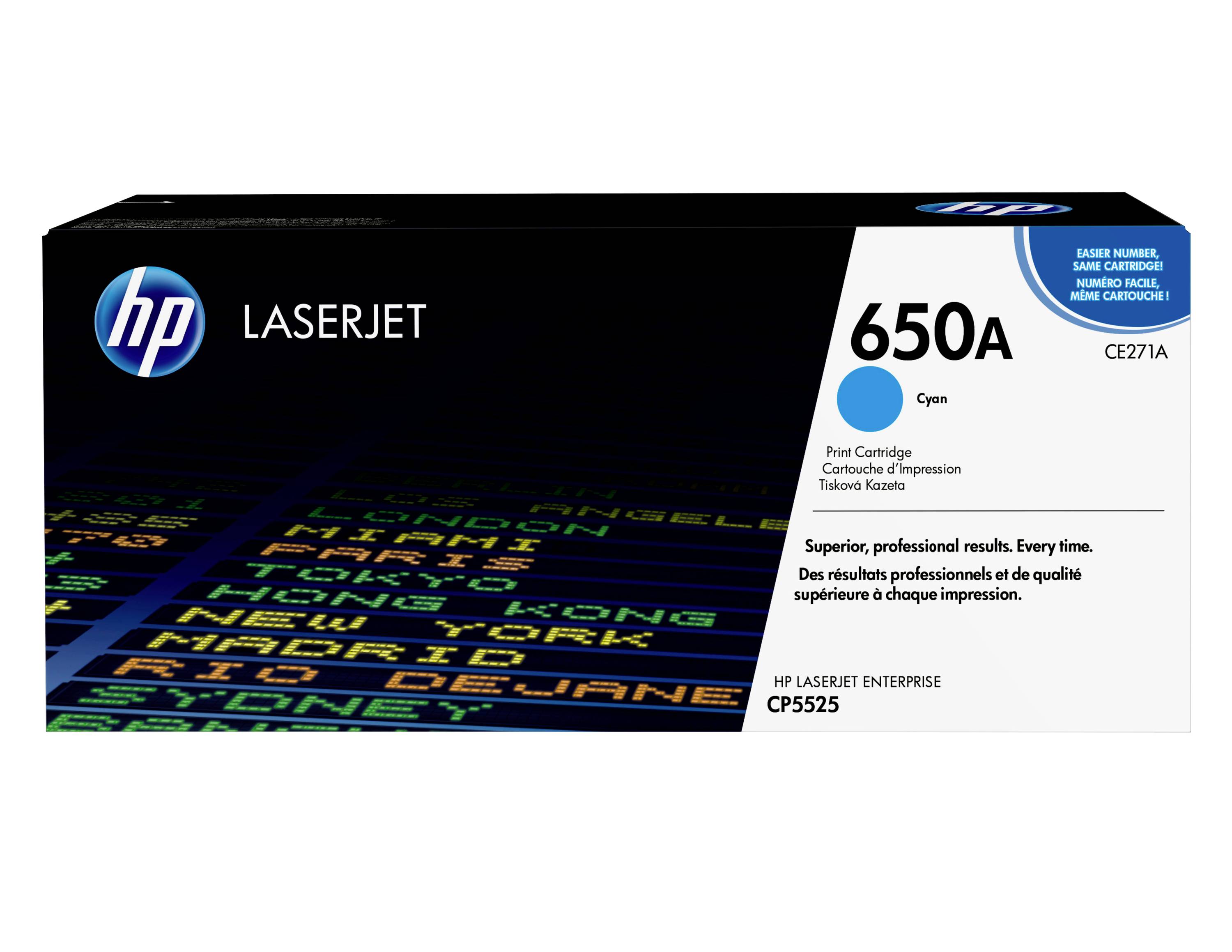 Opakowanie kartridża drukującego HP LaserJet 650A cyan, model CE271A, do drukarek HP LaserJet Enterprise CP5525.