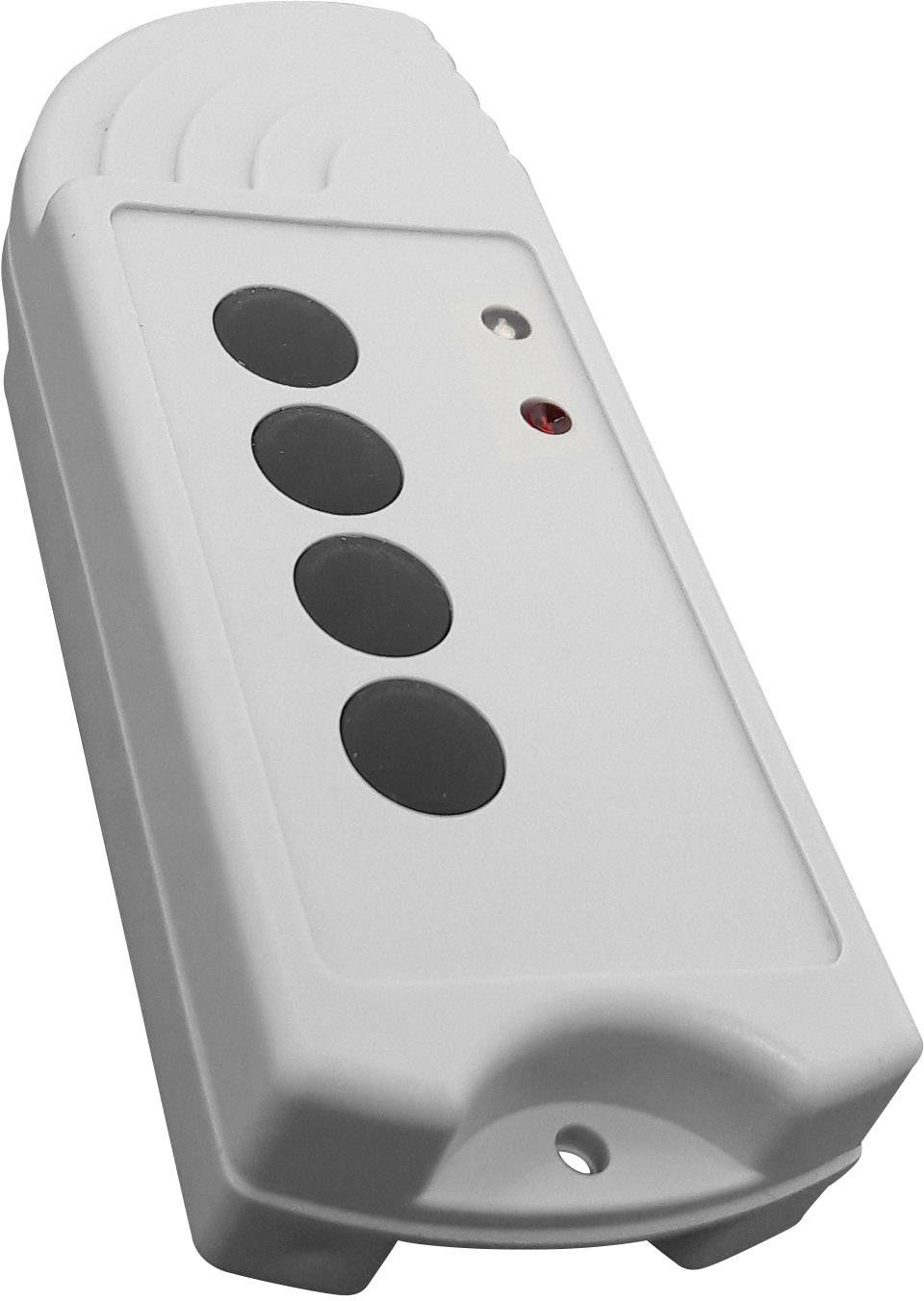 Biała pilot zdalnego sterowania z czterema czarnymi przyciskami i małą czerwoną diodą LED, prawdopodobnie przeznaczona do obsługi urządzeń elektronicznych.