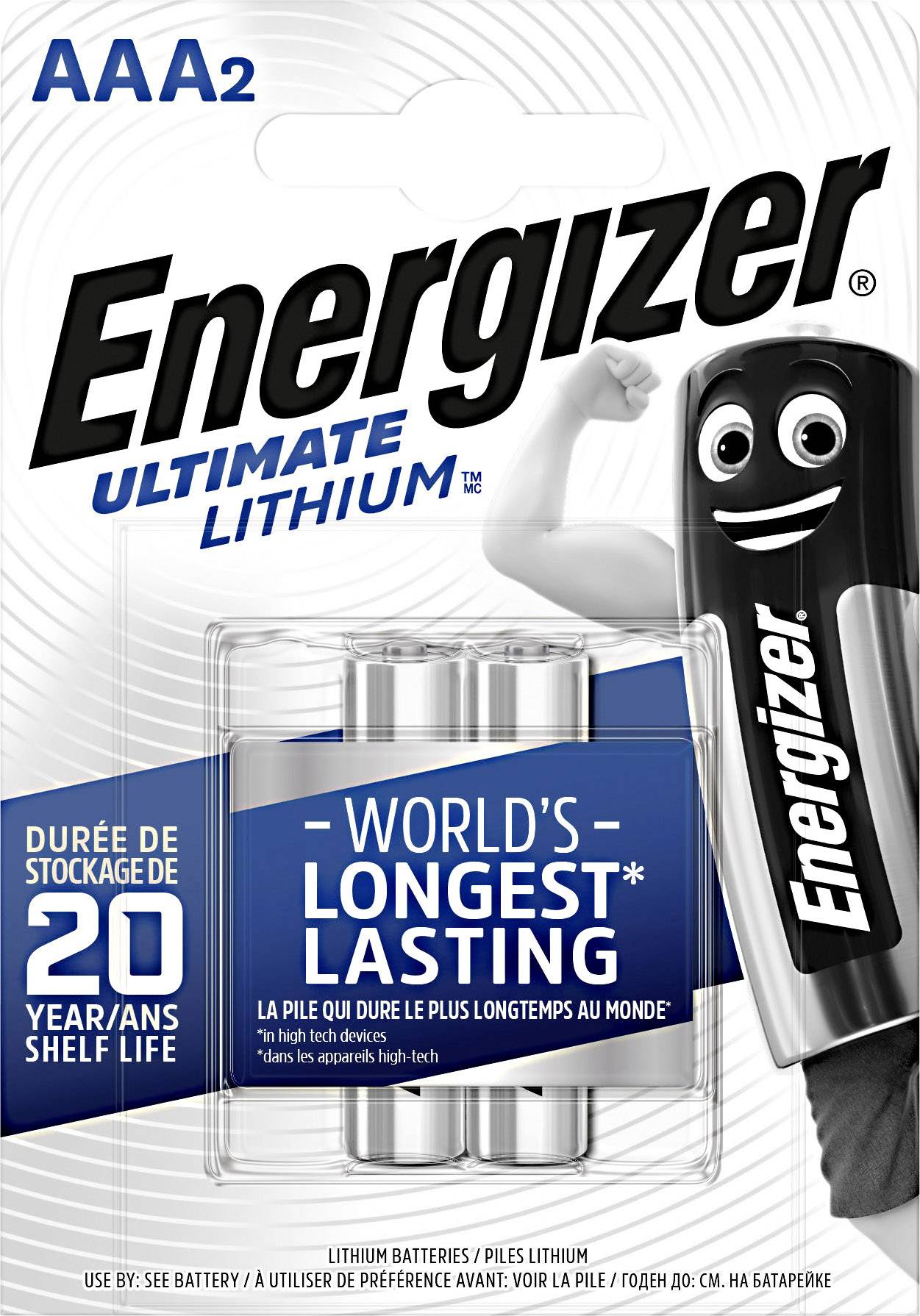Opakowanie baterii Energizer Ultimate Lithium AA. Reklamowane jako najdłużej działające na świecie, z 20-letnim okresem przydatności do przechowywania.