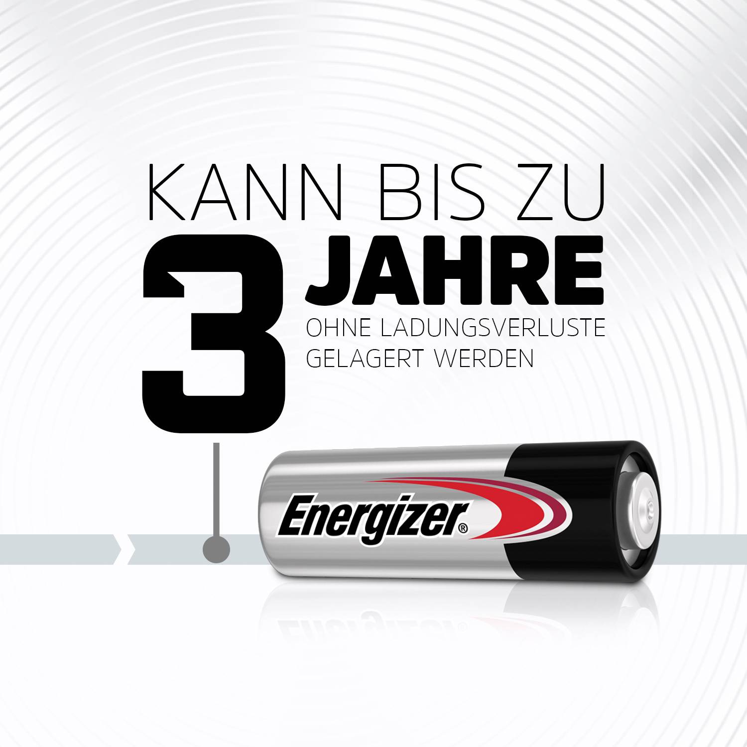 Bateria Energizer z napisem 'Może być przechowywana do 3 lat bez utraty ładunku', na tle z koncentrycznymi liniami.