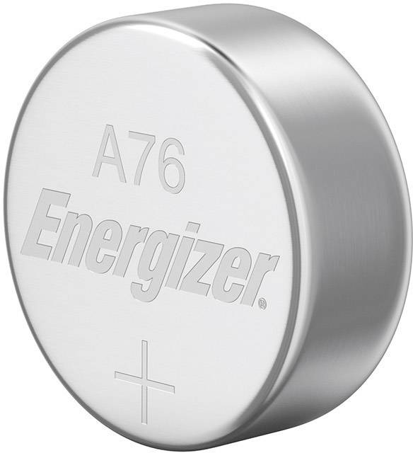 Okrągła, srebrzysta bateria guzikowa z grawerem 'A76 Energizer +'.