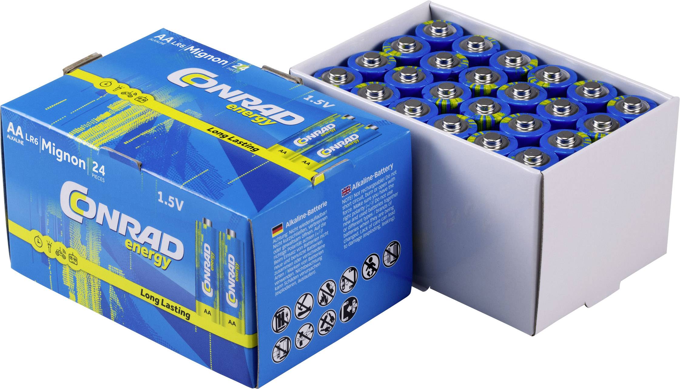 Baterie alkaliczne Conrad energy, 1,5V, opakowanie 24 sztuk w niebieskim opakowaniu z żółtymi akcentami, widoczne jest otwarte pudełko z bateriami.