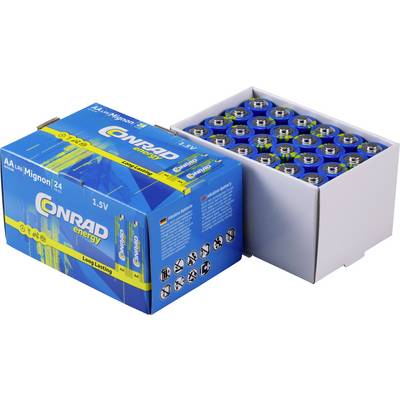 Baterie alkaliczne Conrad energy, 1,5V, opakowanie 24 sztuk w niebieskim opakowaniu z żółtymi akcentami, widoczne jest otwarte pudełko z bateriami.