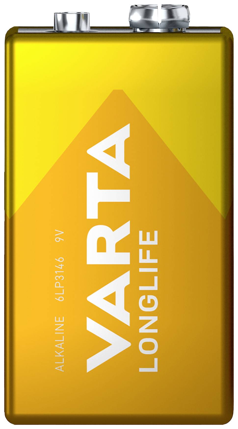 Żółta bateria 9-voltowa marki Varta z napisem 'LONGLIFE' oraz 'ALKALINE 6LP3146'.