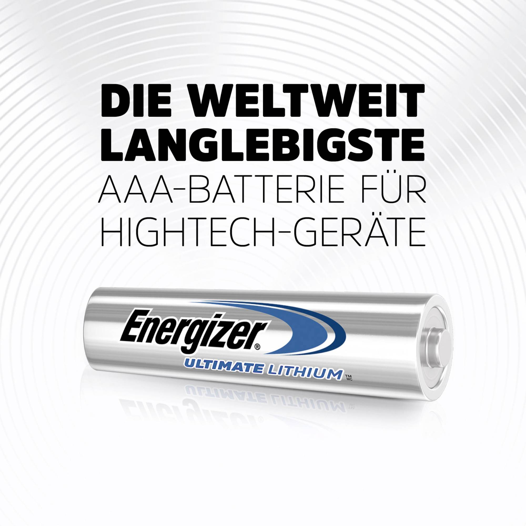 'NAJBARDZIEJ DŁUGOTRWAŁA BATERIA AAA NA ŚWIECIE DO URZĄDZEŃ ZAAWANSOWANYCH TECHNOLOGICZNIE' nad srebrną baterią z logo 'Energizer Ultimate Lithium'.