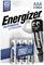 Opakowanie baterii 'Energizer Ultimate Lithium AAA, opakowanie 4 szt.' z wesołą maskotką bateryjną, podkreślającą wyjątkowo długą żywotność.