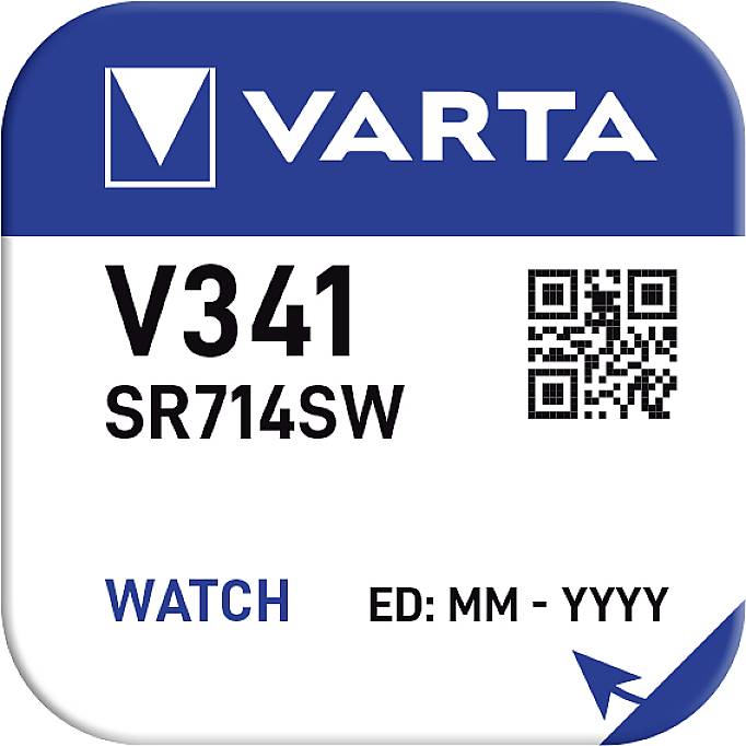 'Bateria guzikowa Varta V341 SR714SW do zegarków. Zawiera kod QR. Nadruk: WATCH, ED: MM - YYYY.'