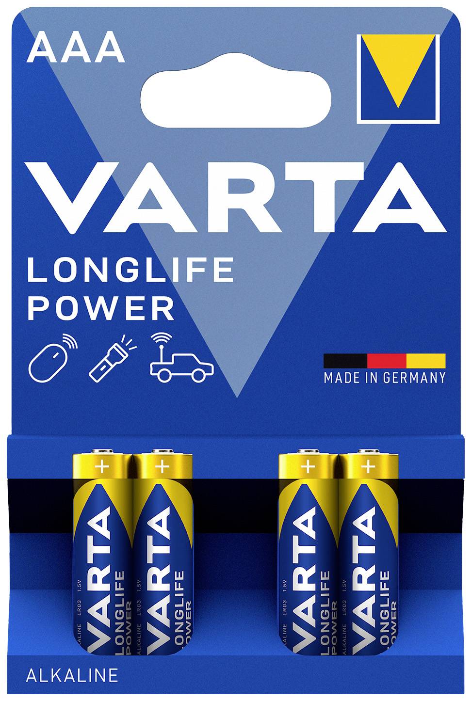 Baterie VARTA LONGLIFE Power AAA w niebieskim opakowaniu, cztery sztuki. Etykieta 'Made in Germany'. Typ alkaliczny.
