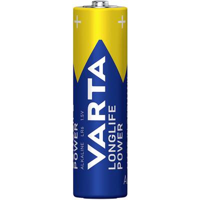Bateria Varta AA w żółto-niebieskim designie, oznaczona napisami 'Longlife Power' oraz 'Alkaline LR6 1.5V'.