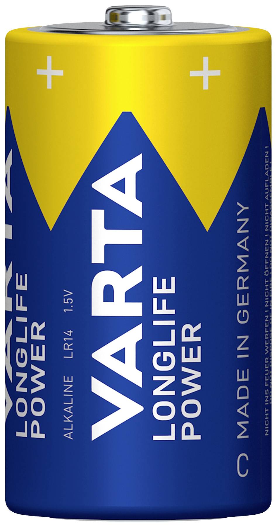 Bateria alkaliczna typu LR14 1,5V marki Varta. Napis: 'Varta Longlife Power', wyprodukowana w Niemczech.
