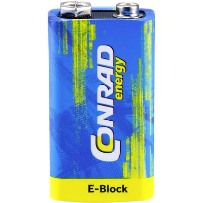 Bateria w kolorach niebieskim i żółtym z napisem 'CONRAD energy' i typem 'E-Block'.