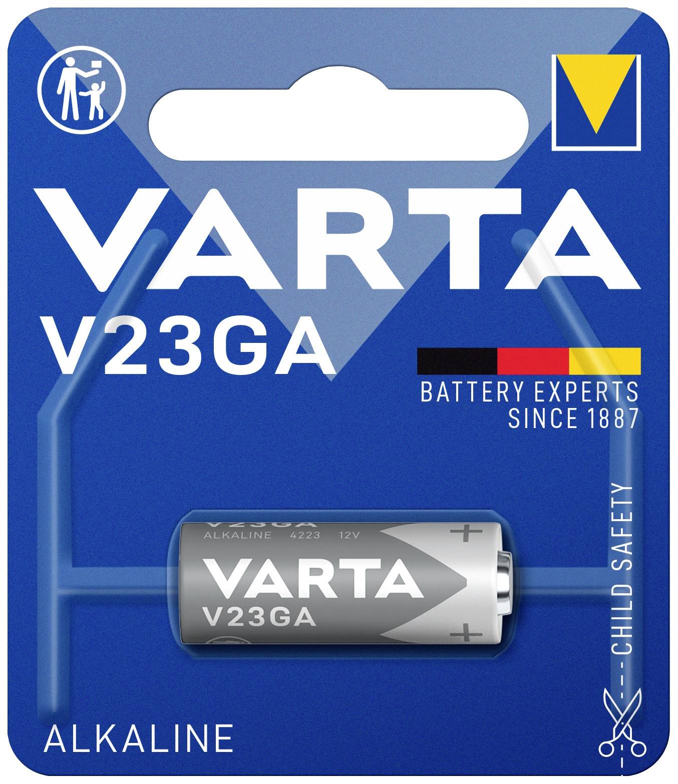 Bateria alkaliczna 'VARTA V23GA' w opakowaniu z napisem 'Battery Experts Since 1887'. Bezpieczna dla dzieci. Projekt zawiera niemiecką flagę.