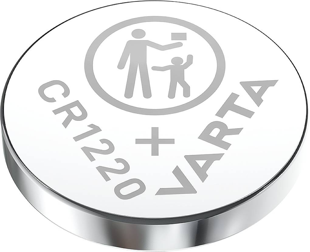 Okrągła bateria guzikowa z napisem 'CR1220 + VARTA'. Piktogram przedstawiający osobę dorosłą i dziecko symbolizujące baterię.