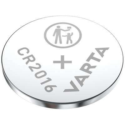 Srebrowa bateria guzikowa marki VARTA typu CR2016. Na baterii znajduje się symbol baterii oraz ostrzeżenie w postaci przekreślonego symbolu kosza na śmieci.